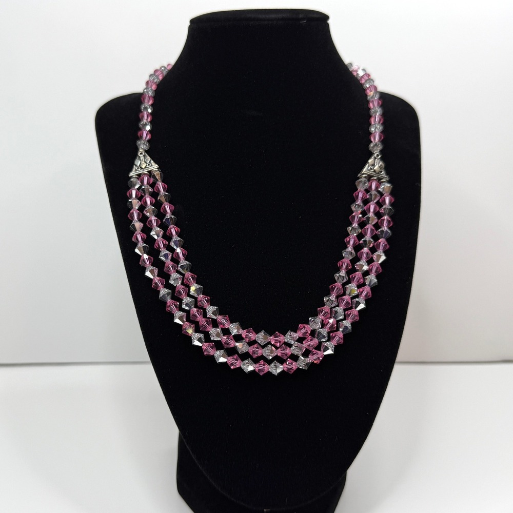 Crystal Faceted 3 Strand Necklace Pink Clear Glass Accents Sparkly Jewelry 19 in